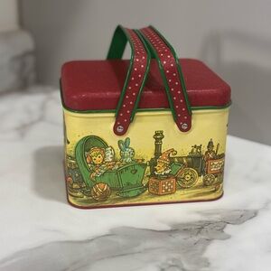 Vintage Toy Chest Tin with Red Lid and Green Handles